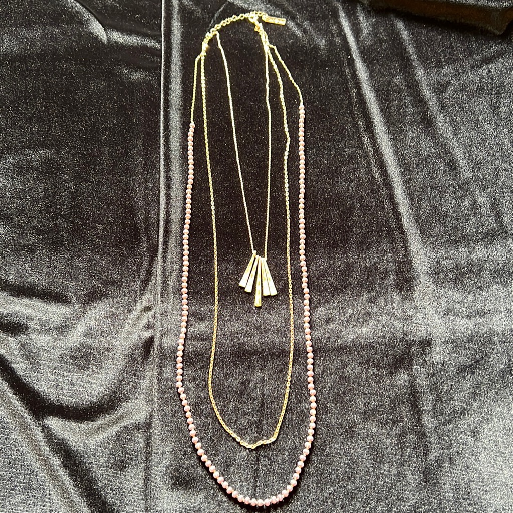 Jane Marie Three Layer Necklace With Purple Beads And Gold Type Chain & Pendant